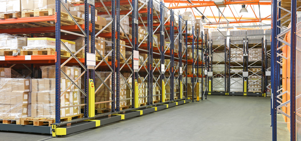 Large warehouse with boxes on pallets