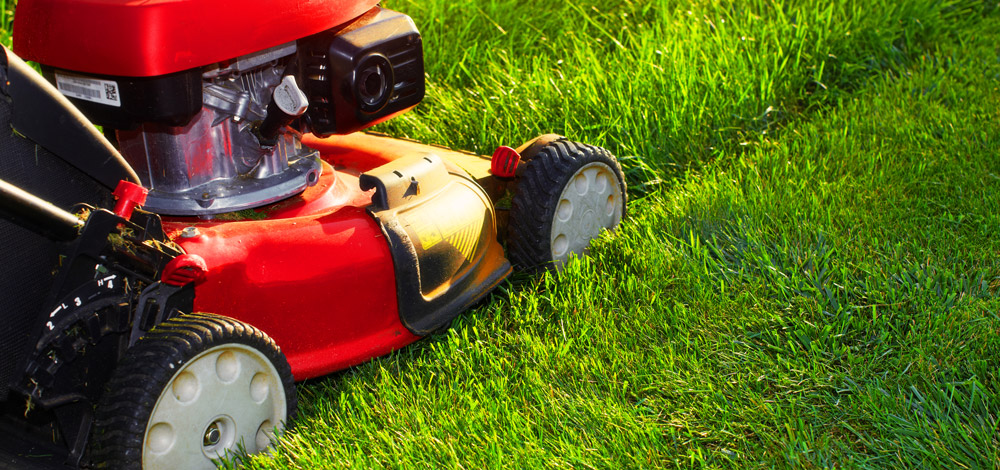 Red lawn mower mowing grass