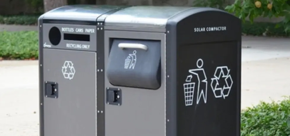 Waste recycling bins outside